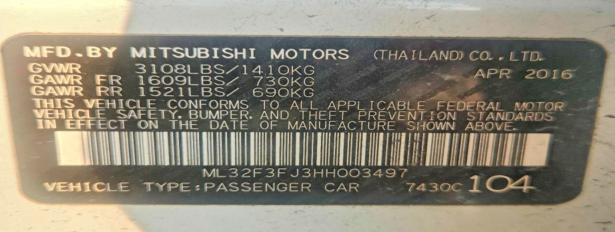 63884506 :رقم المزاد ، ML32F3FJ3HH003497 vin ، 2017 Mitsubishi Mirage مزاد بيع