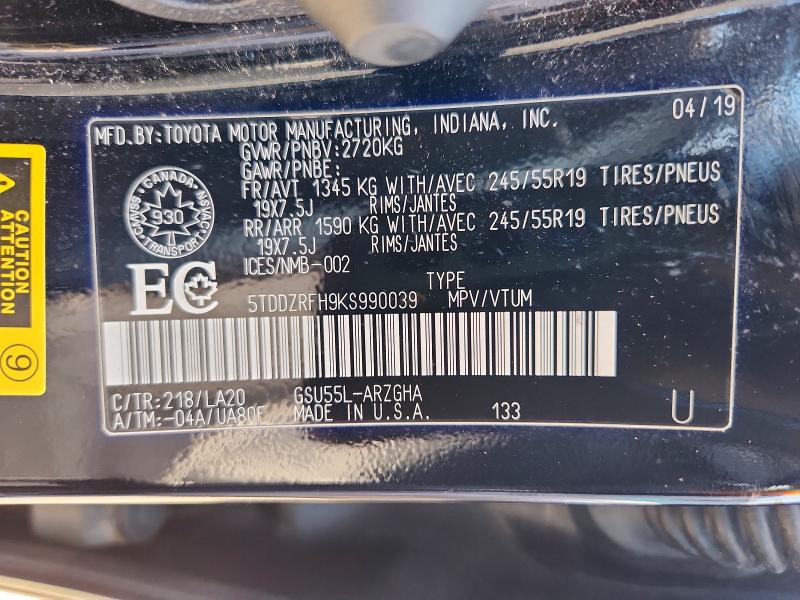 Продажа на аукционе авто 2019 Toyota Highlander, vin: 5TDDZRFH9KS990039, номер лота: 62846406