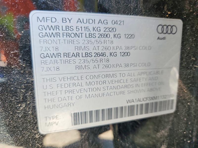 65496826 :رقم المزاد ، WA1AUCF3XM1132169 vin ، 2021 Audi Q3 مزاد بيع