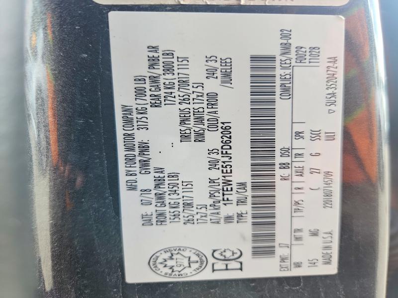 2018 Ford F150 მანქანა იყიდება აუქციონზე, vin: 1FTEW1E51JFD62061, აუქციონის ნომერი: 64078566