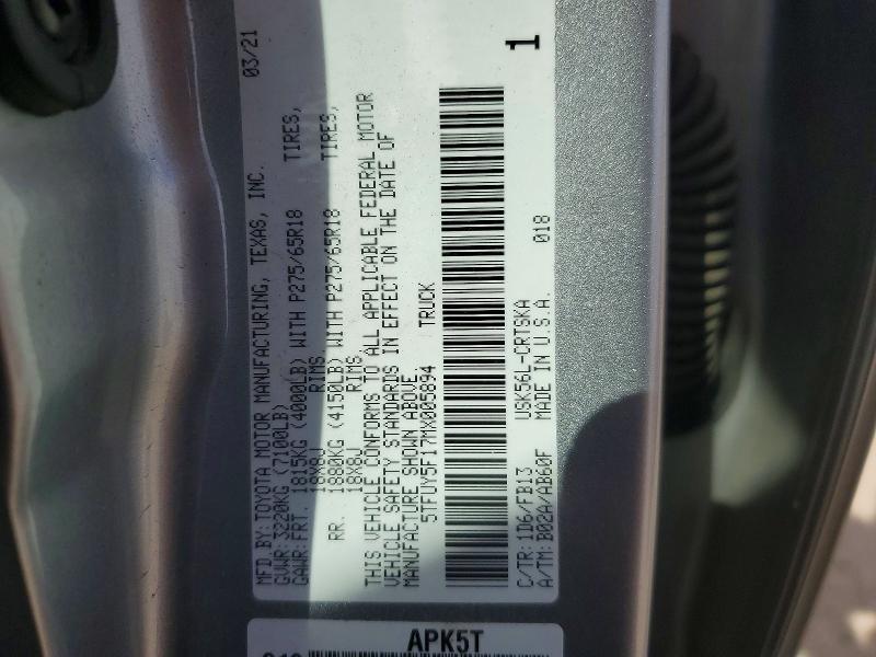 66171596 :رقم المزاد ، 5TFUY5F17MX005894 vin ، 2021 Toyota Tundra مزاد بيع