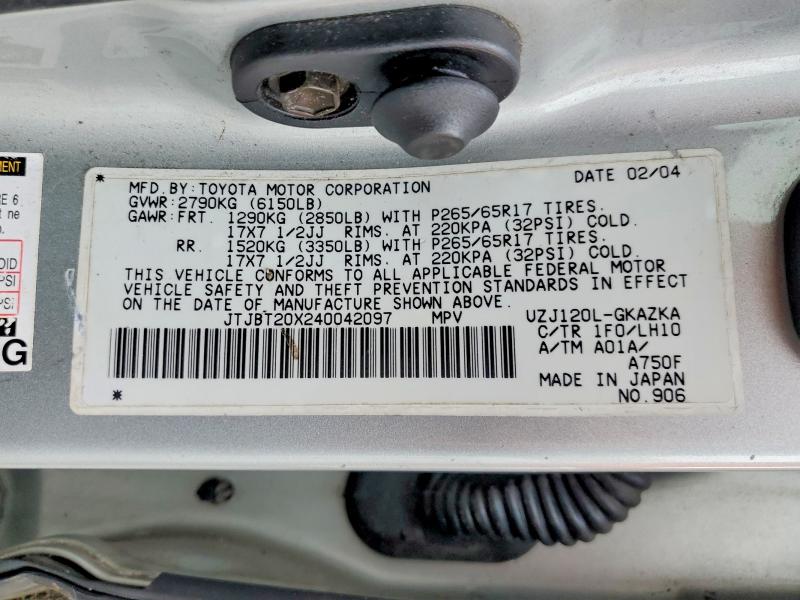 Aukcja sprzedaży 2004 Lexus Gx, vin: JTJBT20X240042097, numer aukcji: 63532466