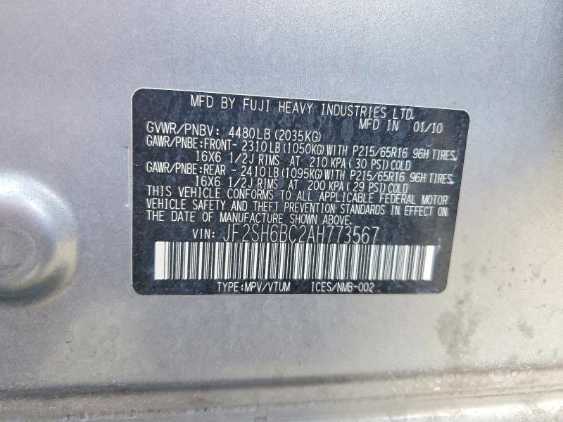 Aukcja sprzedaży 2010 Subaru Forester, vin: JF2SH6BC2AH773567, numer aukcji: 66229566
