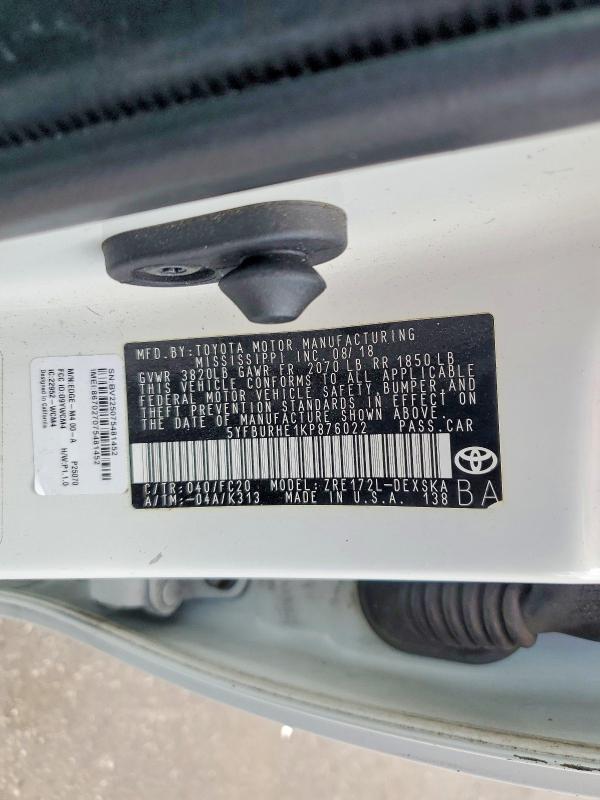 2019 Toyota Corolla მანქანა იყიდება აუქციონზე, vin: 5YFBURHE1KP876022, აუქციონის ნომერი: 64135586