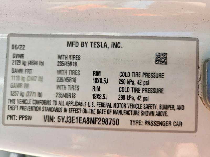 Aukcja sprzedaży 2022 Tesla Model 3, vin: 5YJ3E1EA8NF298750, numer aukcji: 67126436