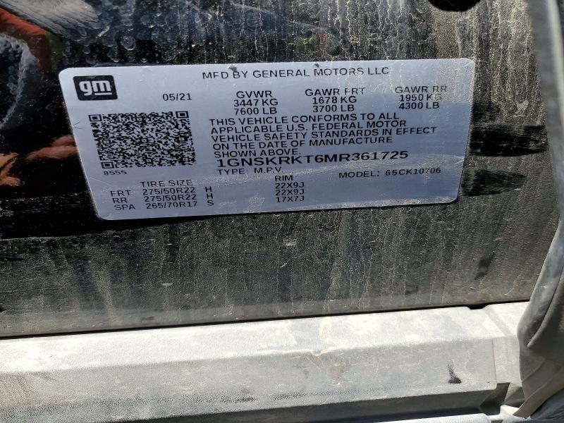 67153506 :رقم المزاد ، 1GNSKRKT6MR361725 vin ، 2021 Chevrolet Tahoe مزاد بيع