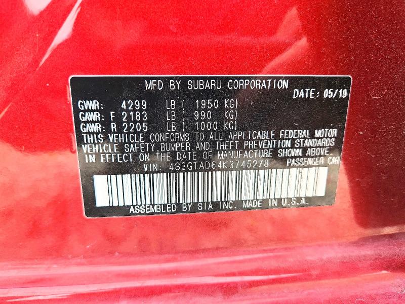 2019 Subaru Impreza მანქანა იყიდება აუქციონზე, vin: 4S3GTAD64K3745278, აუქციონის ნომერი: 67198726
