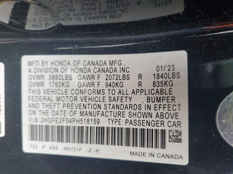 Продажа на аукционе авто 2023 Honda Civic, vin: 2HGFE2F54PH518159, номер лота: 64820886