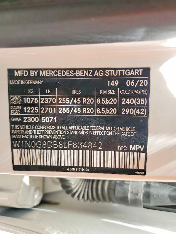 2020 Mercedes-benz Glc მანქანა იყიდება აუქციონზე, vin: W1N0G8DB8LF834842, აუქციონის ნომერი: 65397776