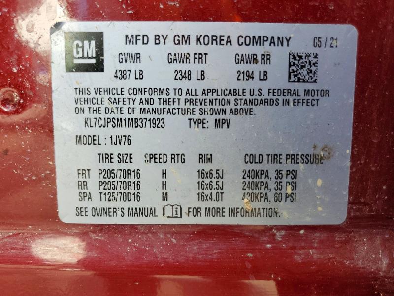 Aukcja sprzedaży 2021 Chevrolet Trax, vin: KL7CJPSM1MB371923, numer aukcji: 66255346