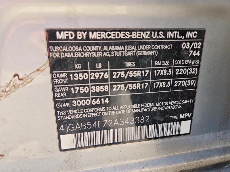 Auction sale of the 2002 Mercedes-benz Ml, vin: 4JGAB54E72A343382, lot number: 64125866