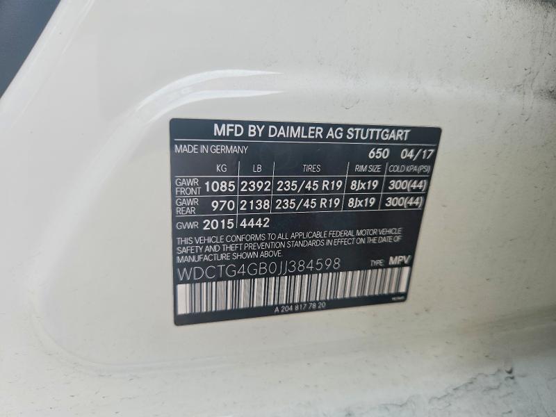 Aukcja sprzedaży 2018 Mercedes-benz Gla, vin: WDCTG4GB0JJ384598, numer aukcji: 65349476