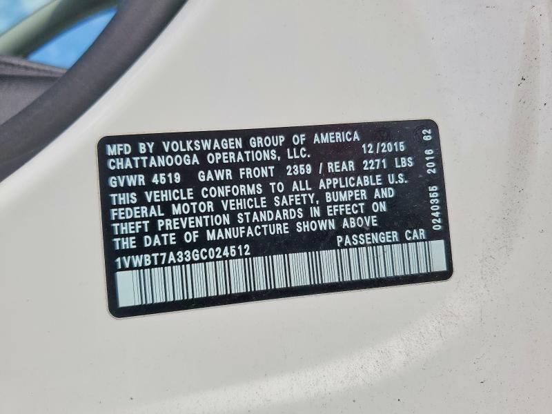 Aukcja sprzedaży 2016 Volkswagen Passat, vin: 1VWBT7A33GC024512, numer aukcji: 61453396