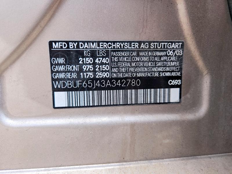 Продажа на аукционе авто 2003 Mercedes-benz E, vin: WDBUF65J43A342780, номер лота: 63195066