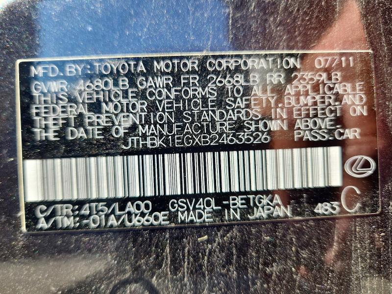 2011 Lexus Es მანქანა იყიდება აუქციონზე, vin: JTHBK1EGXB2463526, აუქციონის ნომერი: 63757406