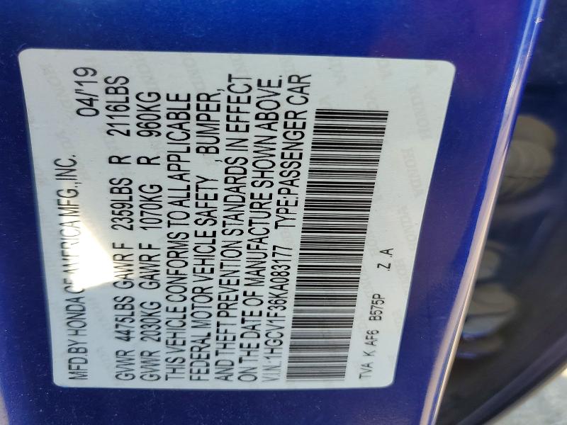 63834006 :رقم المزاد ، 1HGCV1F36KA083177 vin ، 2019 Honda Accord مزاد بيع