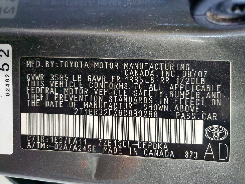 66969836 :رقم المزاد ، 2T1BR32EX8C890288 vin ، 2008 Toyota Corolla مزاد بيع