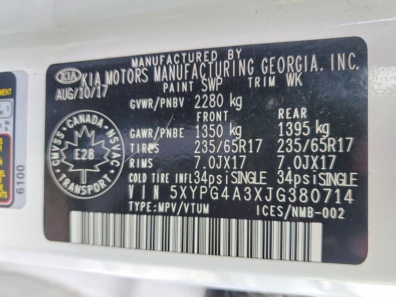 64375586 :رقم المزاد ، 5XYPG4A3XJG380714 vin ، 2018 Kia Sorento مزاد بيع