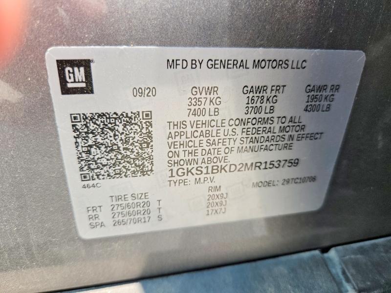 Aukcja sprzedaży 2021 Gmc Yukon, vin: 1GKS1BKD2MR153759, numer aukcji: 63109816