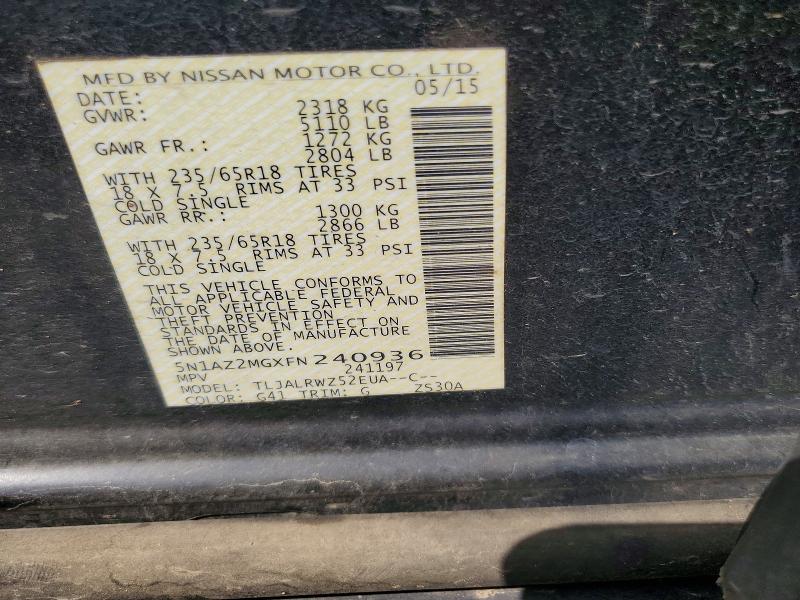 Продаж на аукціоні авто 2015 Nissan Murano, vin: 5N1AZ2MGXFN240936, номер лоту: 64140666