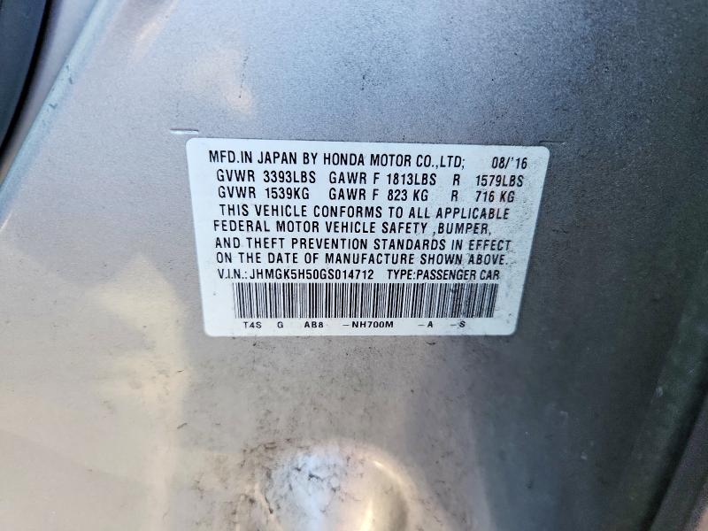 2016 Honda Fit მანქანა იყიდება აუქციონზე, vin: JHMGK5H50GS014712, აუქციონის ნომერი: 64812716