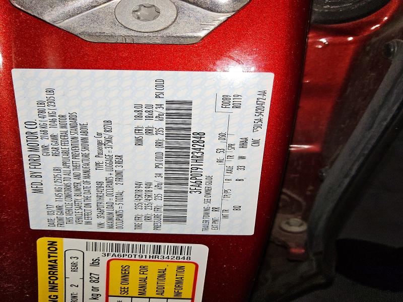 66292086 :رقم المزاد ، 3FA6P0T91HR342848 vin ، 2017 Ford Fusion مزاد بيع