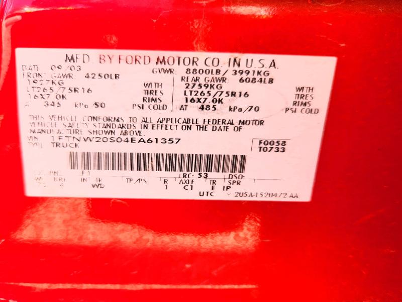 Aukcja sprzedaży 2004 Ford F250, vin: 1FTNW20S04EA61357, numer aukcji: 65599806