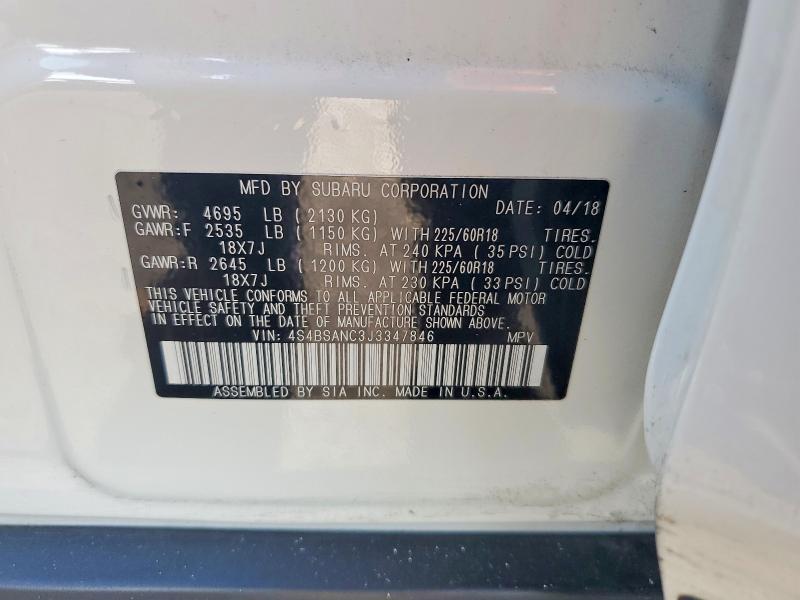 2018 Subaru Outback მანქანა იყიდება აუქციონზე, vin: 4S4BSANC3J3347846, აუქციონის ნომერი: 64309296