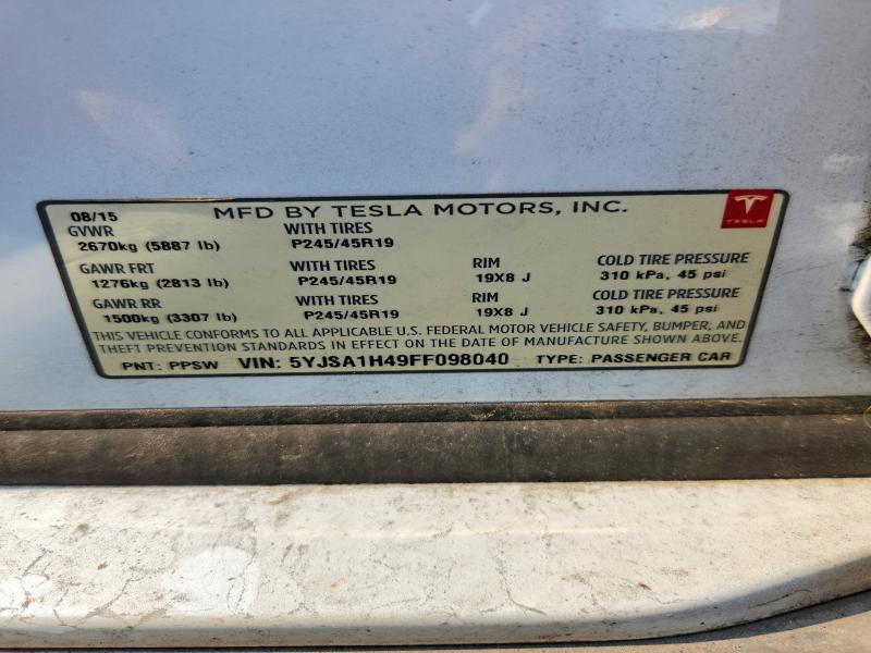 2015 Tesla Model S მანქანა იყიდება აუქციონზე, vin: 5YJSA1H49FF098040, აუქციონის ნომერი: 62629746