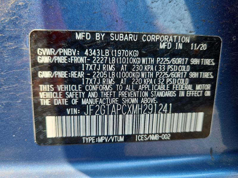 2021 Subaru Crosstrek მანქანა იყიდება აუქციონზე, vin: JF2GTAPCXMH291241, აუქციონის ნომერი: 65151176