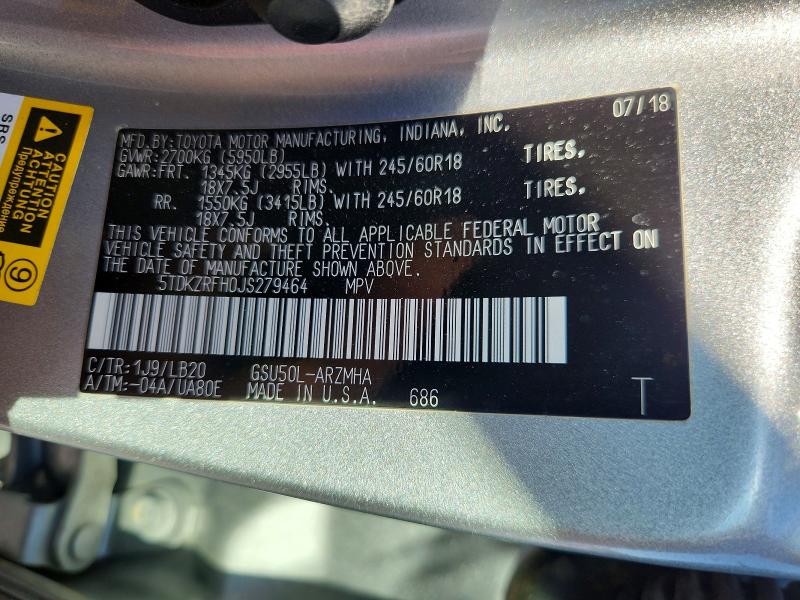 67322646 :رقم المزاد ، 5TDKZRFH0JS279464 vin ، 2018 Toyota Highlander مزاد بيع