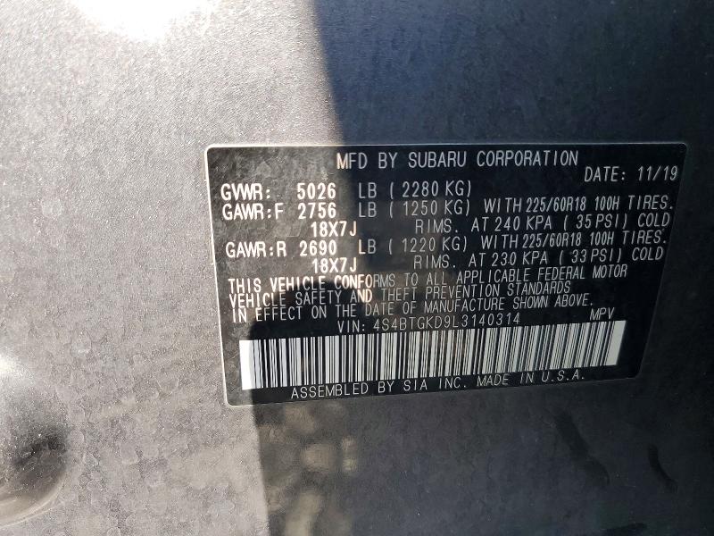 Aukcja sprzedaży 2020 Subaru Outback, vin: 4S4BTGKD9L3140314, numer aukcji: 65901276