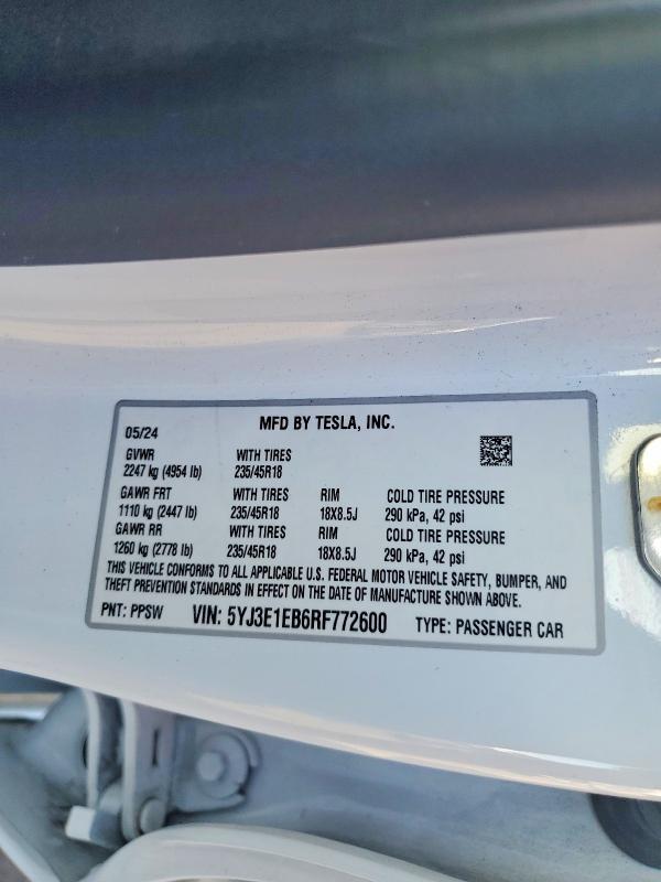 Aukcja sprzedaży 2024 Tesla Model 3, vin: 5YJ3E1EB6RF772600, numer aukcji: 65310896