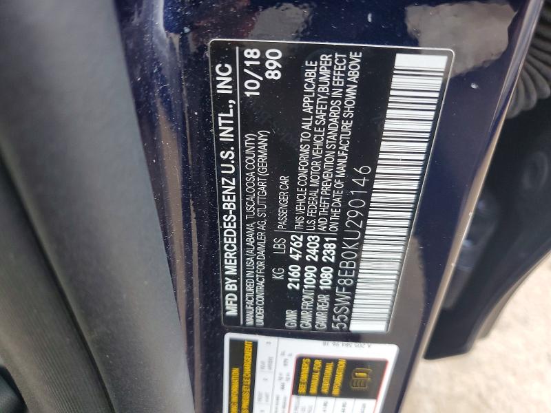 65157866 :رقم المزاد ، 55SWF8EB0KU290146 vin ، 2019 Mercedes-benz C مزاد بيع