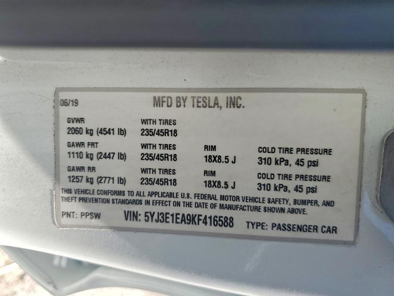 Aukcja sprzedaży 2019 Tesla Model 3, vin: 5YJ3E1EA9KF416588, numer aukcji: 63866316