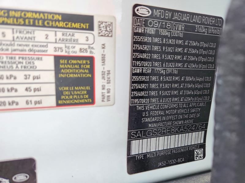 Aukcja sprzedaży 2019 Land Rover Range Rover, vin: SALGS2RE8KA524764, numer aukcji: 62119026
