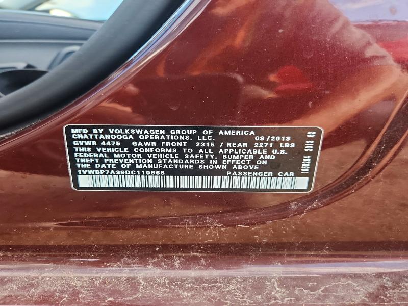 2013 Volkswagen Passat მანქანა იყიდება აუქციონზე, vin: 1VWBP7A39DC110665, აუქციონის ნომერი: 65389626