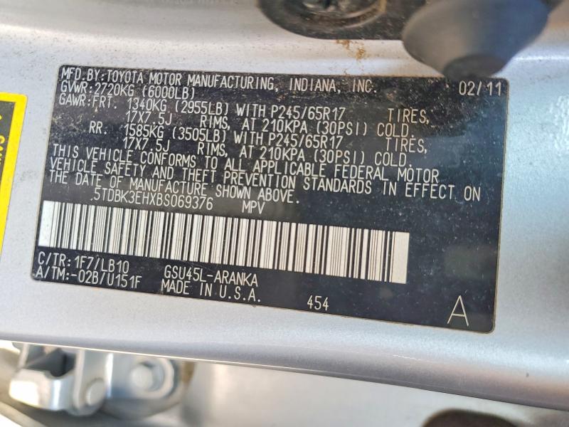 Продаж на аукціоні авто 2011 Toyota Highlander, vin: 5TDBK3EHXBS069376, номер лоту: 64050726