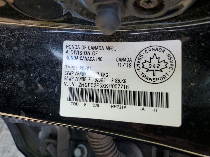 65278406 :رقم المزاد ، 2HGFC2F5XKH007716 vin ، 2019 Honda Civic مزاد بيع