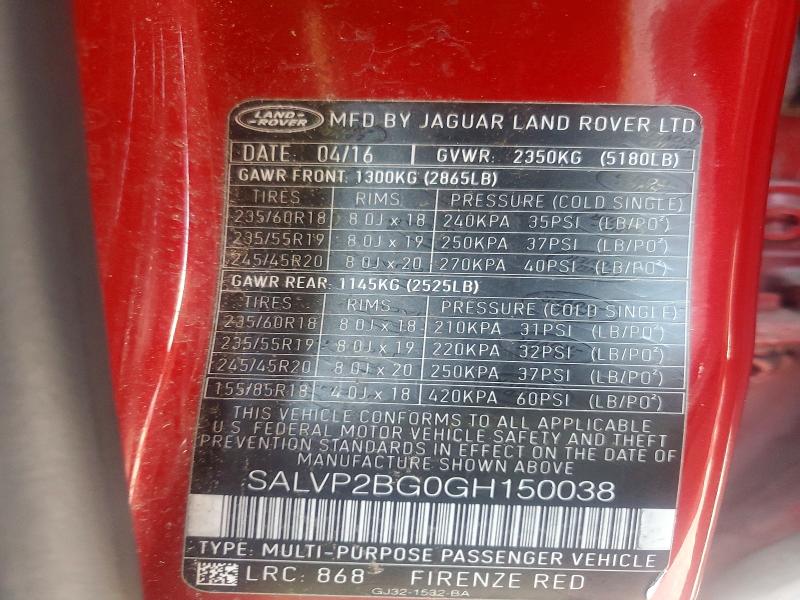 66522256 :رقم المزاد ، SALVP2BG0GH150038 vin ، 2016 Land Rover Range Rover Evoque مزاد بيع