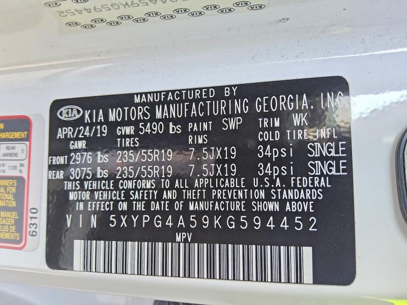 66462786 :رقم المزاد ، 5XYPG4A59KG594452 vin ، 2019 Kia Sorento مزاد بيع