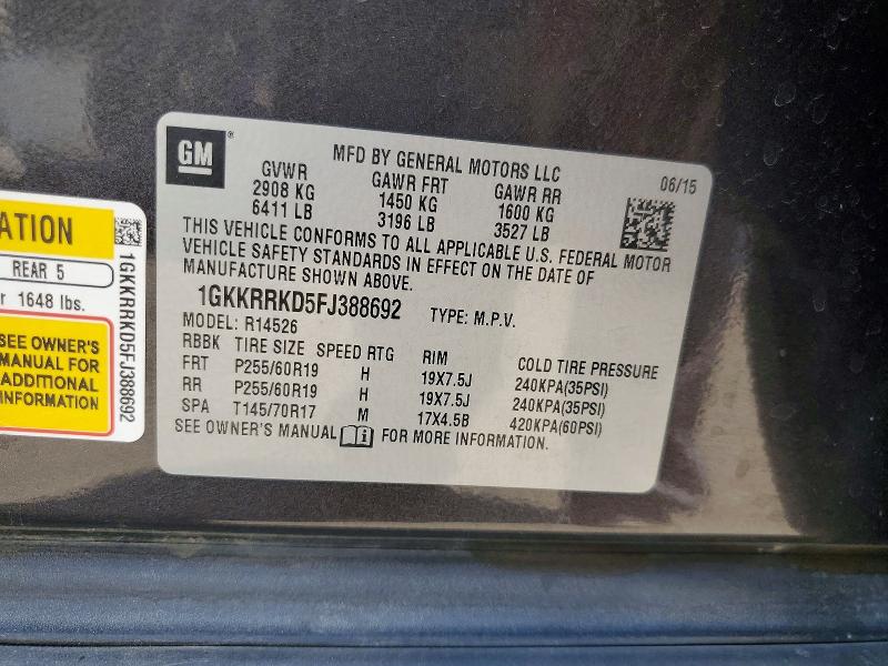 Aukcja sprzedaży 2015 Gmc Acadia, vin: 1GKKRRKD5FJ388692, numer aukcji: 65390126