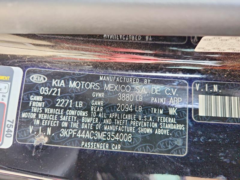 2021 Kia Forte მანქანა იყიდება აუქციონზე, vin: 3KPF44AC3ME354008, აუქციონის ნომერი: 63411886