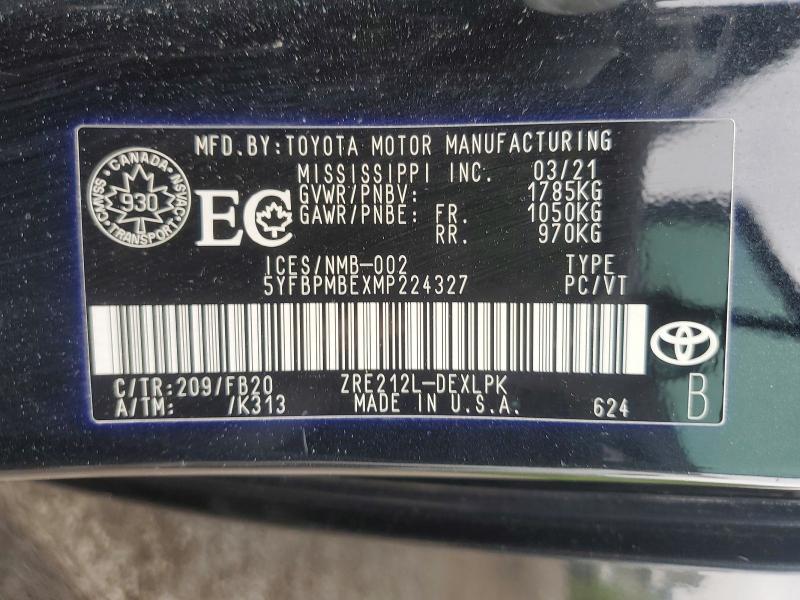 Aukcja sprzedaży 2021 Toyota Corolla, vin: 5YFBPMBEXMP224327, numer aukcji: 65538766