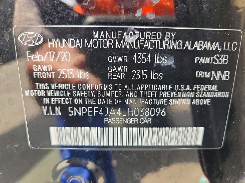 Продаж на аукціоні авто 2020 Hyundai Sonata, vin: 5NPEF4JA4LH038096, номер лоту: 63509246