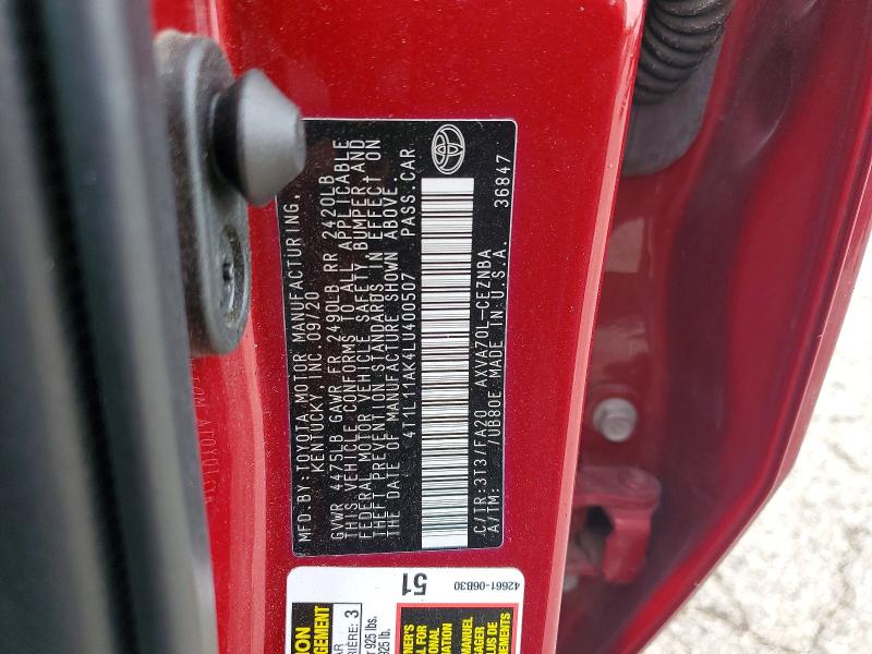 2020 Toyota Camry მანქანა იყიდება აუქციონზე, vin: 4T1L11AK4LU400507, აუქციონის ნომერი: 64618696
