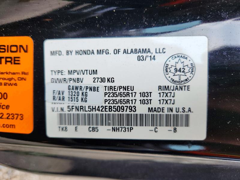 Aukcja sprzedaży 2014 Honda Odyssey, vin: 5FNRL5H42EB509793, numer aukcji: 62351976