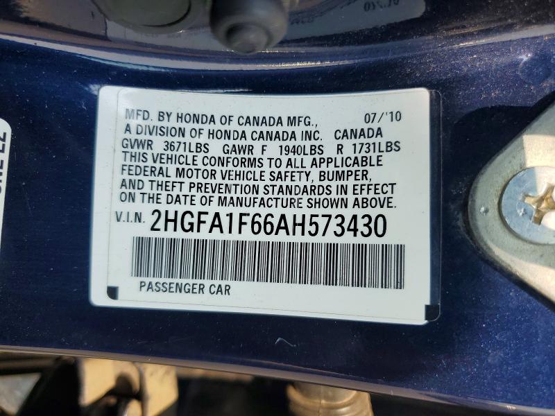 Продаж на аукціоні авто 2010 Honda Civic, vin: 2HGFA1F66AH573430, номер лоту: 64964956