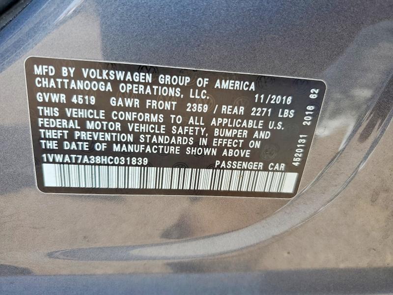 63748286 :رقم المزاد ، 1VWAT7A38HC031839 vin ، 2017 Volkswagen Passat مزاد بيع