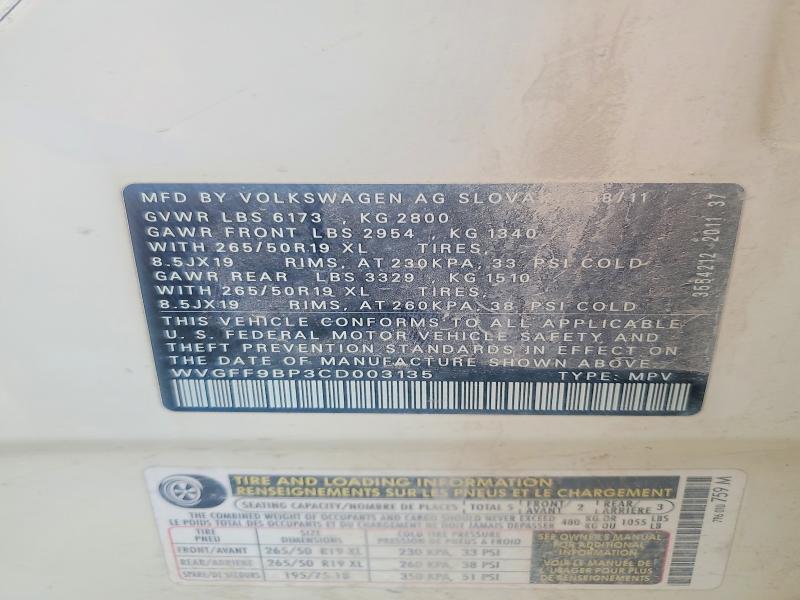 Продаж на аукціоні авто 2012 Volkswagen Touareg, vin: WVGFF9BP3CD003135, номер лоту: 64853386